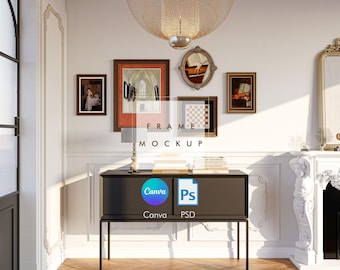 Gallery Wall Frame Mockup Canva PSD Parisian vintage mockup art print digital mockup Wall Frame livingroom frame Picture frame on wall