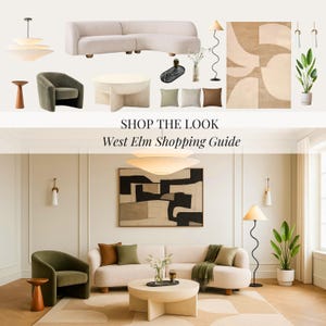 May include: A curated interior design scene featuring a curved beige sofa, a green armchair, and a round coffee table. The image includes a modern floor lamp, a patterned rug, and decorative pillows. The text "SHOP THE LOOK" and "West Elm Shopping Guide" are visible.