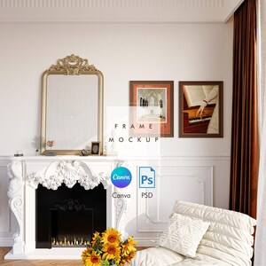 Vintage Frame Mockup Canva PSD wood frame mockup art print digital mockup Wall Frame Mockup livingroom frame Picture frame on wall