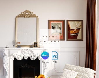 Vintage Frame Mockup Canva PSD wood frame mockup art print digital mockup Wall Frame Mockup livingroom frame Picture frame on wall