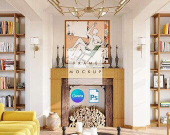 Puede incluir: Una ilustración enmarcada de una persona reclinada en una silla con una estrella sobre ella. El marco está en una repisa de madera sobre una chimenea con troncos apilados. El texto "FRAME MOCKUP" es visible debajo del marco. El texto "Canva PSD" es visible debajo de la chimenea.