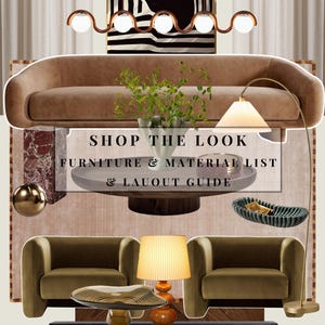 May include: An interior design concept featuring a brown sofa, olive green armchairs, and a black cabinet. A black and white portrait hangs above the sofa. The text "SHOP THE LOOK FURNITURE & MATERIAL LIST & LAUOUT GUIDE" is visible.