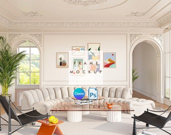 Pode incluir: Um interior de sala de estar com um sofá branco, duas cadeiras pretas, uma mesa de centro e uma parede com arte abstrata emoldurada. O texto "FRAME MOCKUP" é visível no centro da imagem.