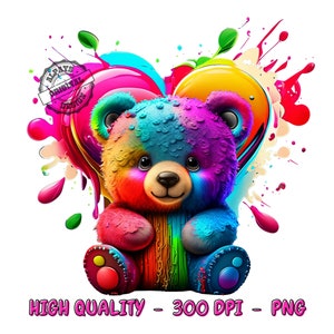 May include: A colorful teddy bear with rainbow fur sits in front of a heart-shaped splatter of paint. The paint is in shades of pink, blue, yellow, and orange.