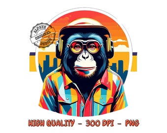 Retro Monkey PNG, Colorful Shirt Design (Digital Download)
