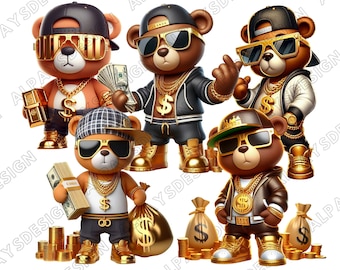 Oso de peluche Hip Hop PNG, diseño de sublimación de oso con cadena dorada, transferencia DTF de oso urbano genial, imágenes prediseñadas con fondo transparente
