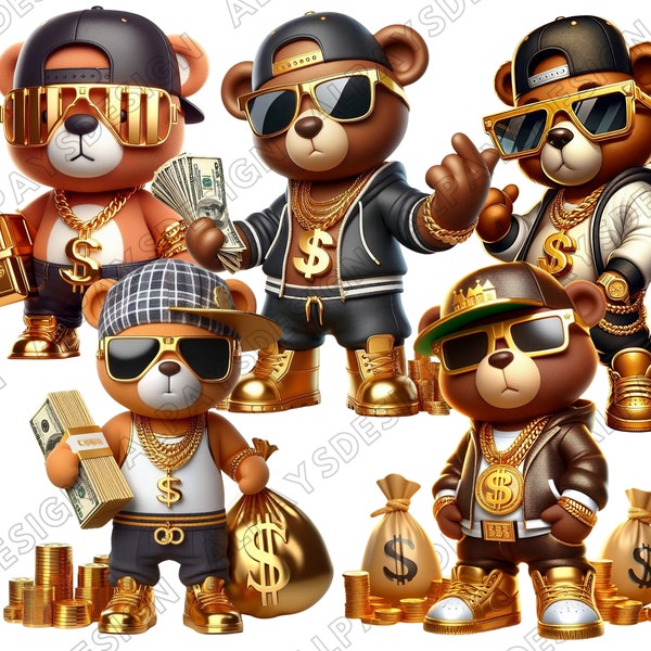 Hip Hop Teddy Bear Bundle, Rich teddy Bear PNG Bundle, Dollar PNG, Money png, Teddy Bear Tshirt Design, Sublimation Designs, Dtf Bundle