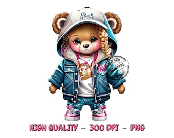 Hip hop girl teddy bear png files for sublimation,shirt png dtf design sublimation designs for shirts 300 dpi png shirts for women