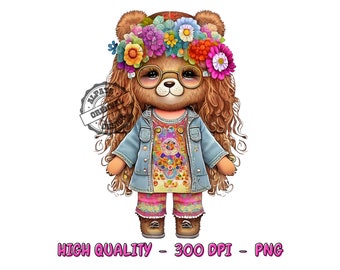 Hippie Teddy Bear PNG, Sublimation Design (Digital Download)