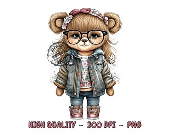 Cute Teddy Bear Girl PNG, Sublimation Design (Digital Download)