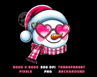 Pink Christmas Snowman PNG, Heart Glasses, Sublimation Design
