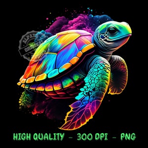 May include: A colorful, rainbow-hued sea turtle with a vibrant shell and a black background. The turtle is swimming through a cloud of colorful smoke.