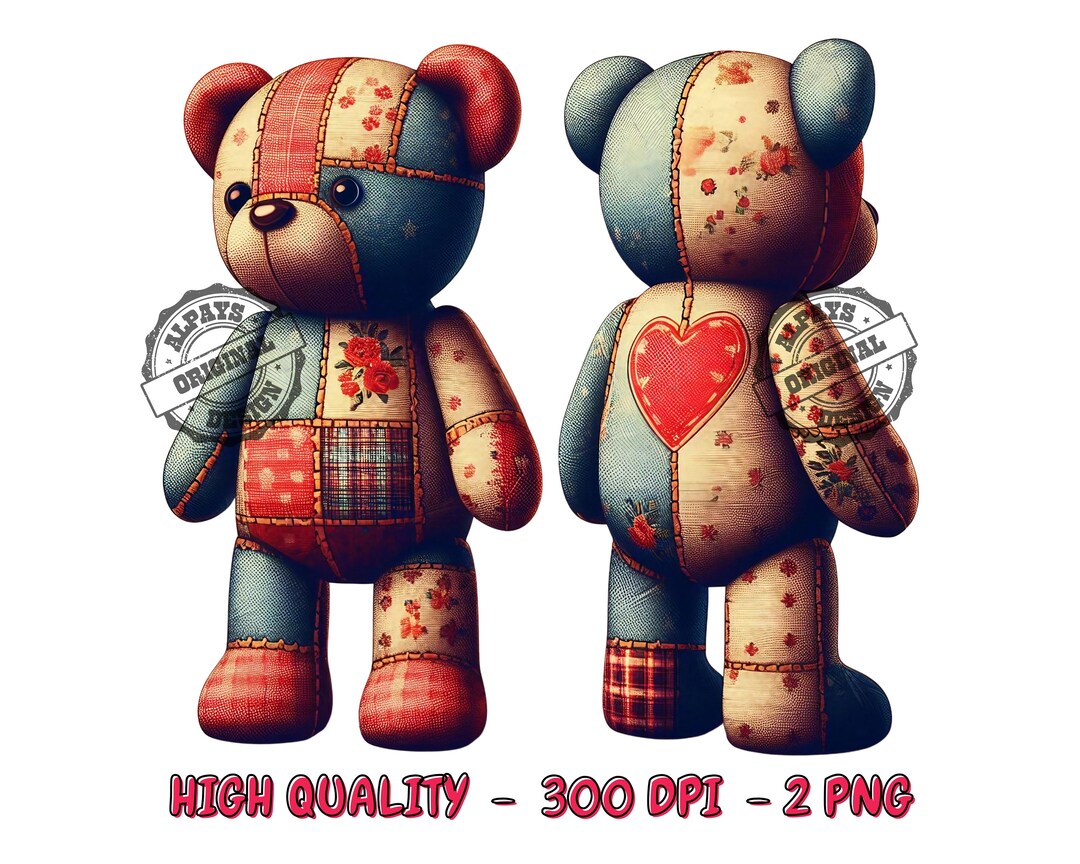 Valentines Patchwork Teddy Bear PNG, Retro Shirt Design (digital ...