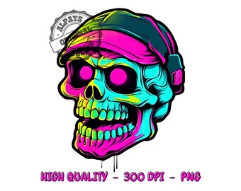 Neon Skull Shirt Design, Streetwear Sublimation (PNG Digital Download)