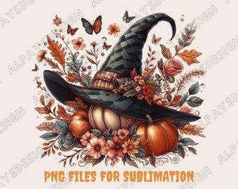 Chapeau de sorcière floral PNG, citrouilles d'automne, design par sublimation