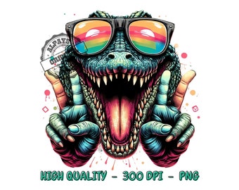 May include: A green alligator wearing rainbow sunglasses and giving the peace sign with both hands. The alligator has a toothy grin and a pink tongue sticking out. The background is white with colorful splatters.