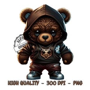 May include: A brown teddy bear wearing a black hooded jacket with a gold chain and a pendant. The bear is wearing red pants and black shoes. The bear has a serious expression on its face.