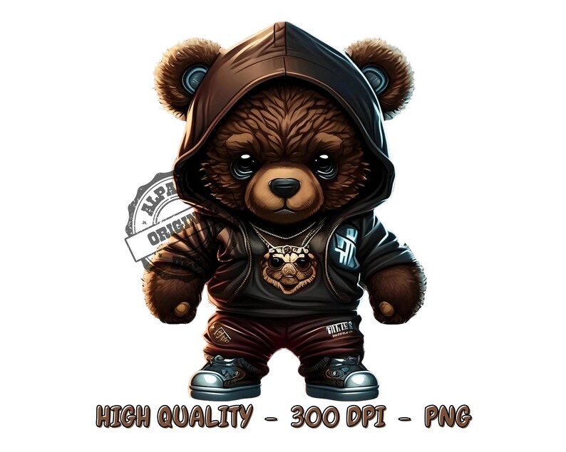 May include: A brown teddy bear wearing a black hooded jacket with a gold chain and a pendant. The bear is wearing red pants and black shoes. The bear has a serious expression on its face.