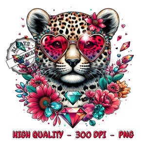 May include: A colourful illustration of a leopard wearing heart-shaped sunglasses and surrounded by flowers and jewels. The leopard has a black and brown spotted coat and pink nose. The flowers are pink, red, and yellow. The jewels are blue, red, and green.