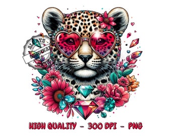 Leopard with Pink Heart Glasses PNG, Floral Jewels, Sublimation Design