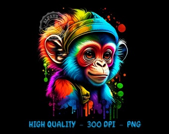 Colorful Monkey PNG, T-Shirt Design, DTF DTG Print (Digital Download)