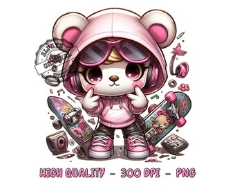 Skateboarder Teddy Bear PNG, Pink Shirt Designs (Digital Download)