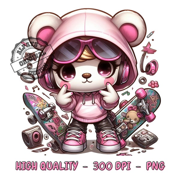 Pink teddy bear png skateboarder girl png 300 dpi digital printing shirt designs png files for subllimation pink png for shirt printing