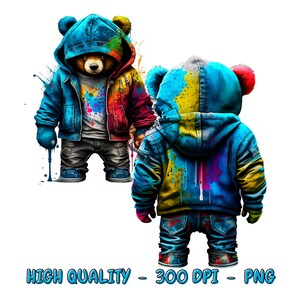 May include: Two colorful teddy bears wearing blue hooded jackets with paint splatters. The bears are wearing jeans and sneakers. The bears are facing different directions.