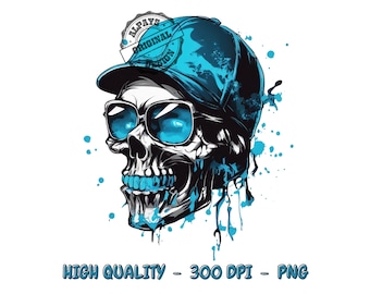Camiseta de calavera azul PNG, diseño de sublimación para ropa urbana (descarga digital)
