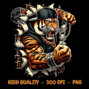 Puede incluir: Un tigre con una sudadera negra y una gorra de béisbol, rompiendo una pared de ladrillos. El tigre tiene una cadena de oro alrededor del cuello y sostiene un eslabón de cadena en su mano derecha.
