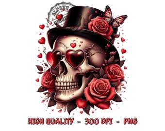 Floral Valentine Skull PNG – Shirt Design, Sublimation (Digital Download)