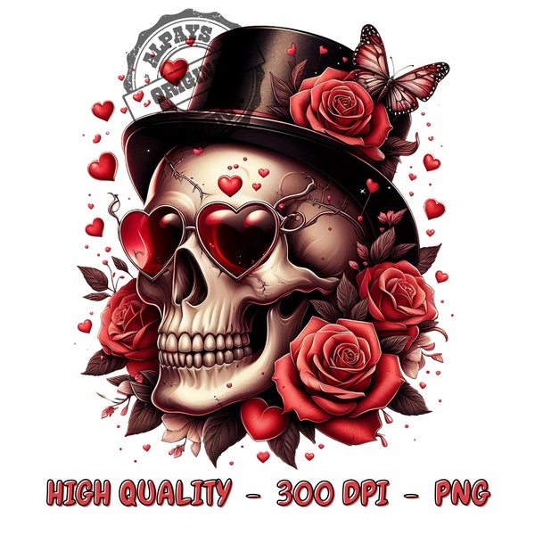 Valentine's day skull png for sublimation valentines png skull png shirt design dtf design floral skull png skull with glasses - sublimate