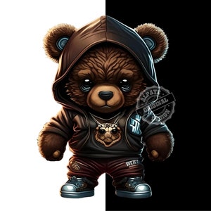 May include: A brown teddy bear wearing a black hooded jacket, red pants, and black sneakers. The bear has a gold chain necklace with a pendant. The bear is standing on a white and black background.