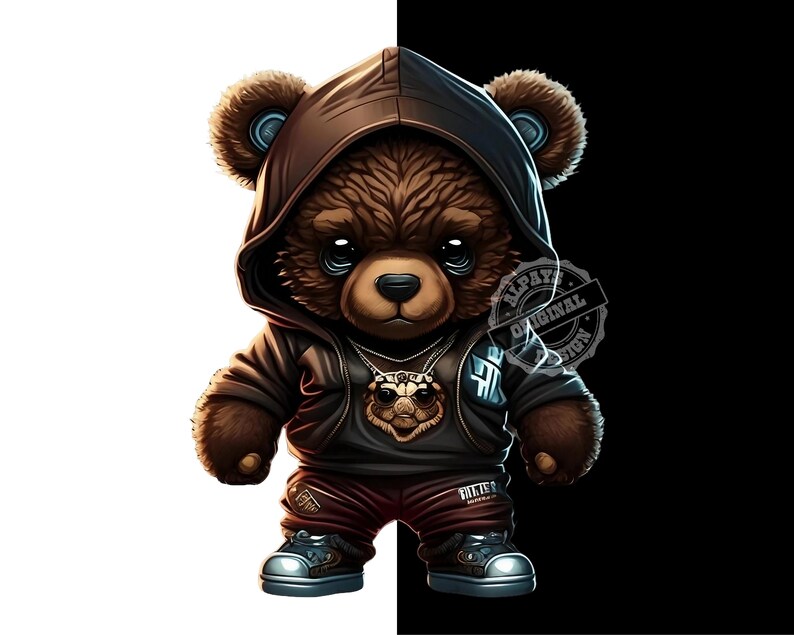 May include: A brown teddy bear wearing a black hooded jacket, red pants, and black sneakers. The bear has a gold chain necklace with a pendant. The bear is standing on a white and black background.