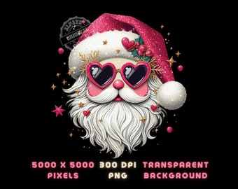 Pink Santa with Sunglasses PNG, Glitter Christmas Design (Digital Download)