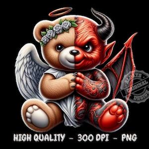 May include: A teddy bear with a halo and angel wings on one side and devil horns and wings on the other side. The bear is half white and half red with a black nose and eyes.