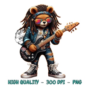 Könnte beinhalten: Ein brauner Teddybär mit Dreadlocks, der eine Sonnenbrille und eine Jeansjacke trägt, spielt eine elektrische Gitarre. Die Gitarre hat einen schwarzen Korpus und einen braunen Hals. Der Bär trägt schwarze Turnschuhe.