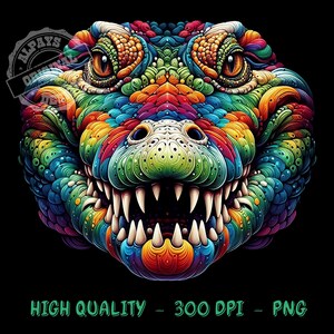Peut inclure: Image numérique d'une tête de dinosaure aux couleurs vives. L'œuvre présente des détails complexes, des dents acérées et le texte "HIGH QUALITY - 300 DPI - PNG" en bas, sur fond noir.
