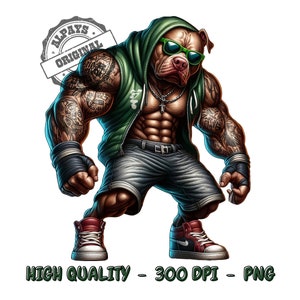May include: A muscular cartoon bulldog wearing a green hooded sweatshirt, sunglasses, and black shorts. The bulldog has tattoos on its arms and is in a fighting stance.