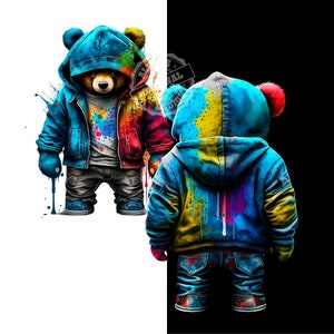 May include: Two colorful teddy bears wearing blue hooded jackets with paint splatters. The bears are standing on a white and black background.