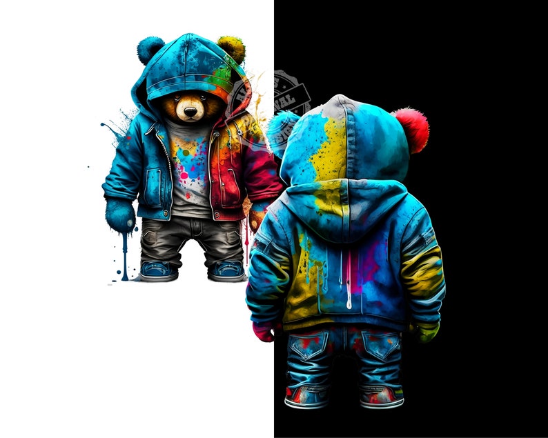 May include: Two colorful teddy bears wearing blue hooded jackets with paint splatters. The bears are standing on a white and black background.
