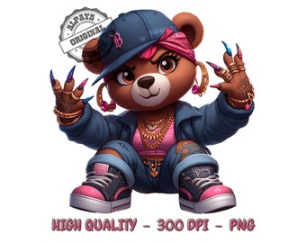Hip Hop Teddy Bear Girl PNG, DTF/DTG Printable (Digital Download)
