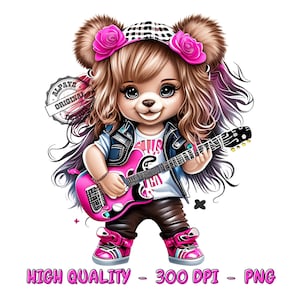 Rocker girl teddy bear png shirt designs 300 dpi image png files for sublimation png shirts for women pink teddy bear png digital printing