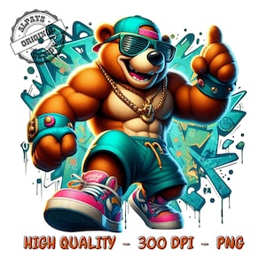 Graffiti gym teddy bear png for sublimation, hip hop teddy bear, muscular teddy bear teddy bear png for shirt, 300 dpi png designs