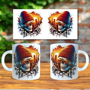 3D Effect 11 oz & 15 oz Mug Sublimation, Mug Wrap, Mug Png, Sunset Design, 3d Skull Mug Png, Hip Hop Skull Mug, Skull Png, Digital Download