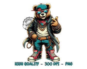 Hip Hop Teddy Bear PNG, Colorful Shirt Design (Digital Download)