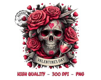 Floral Valentine's Day Skull PNG – Sublimation Design (Digital Download)