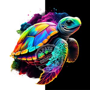 May include: A colorful, rainbow-hued sea turtle with a black background. The turtle is surrounded by a cloud of colorful smoke.