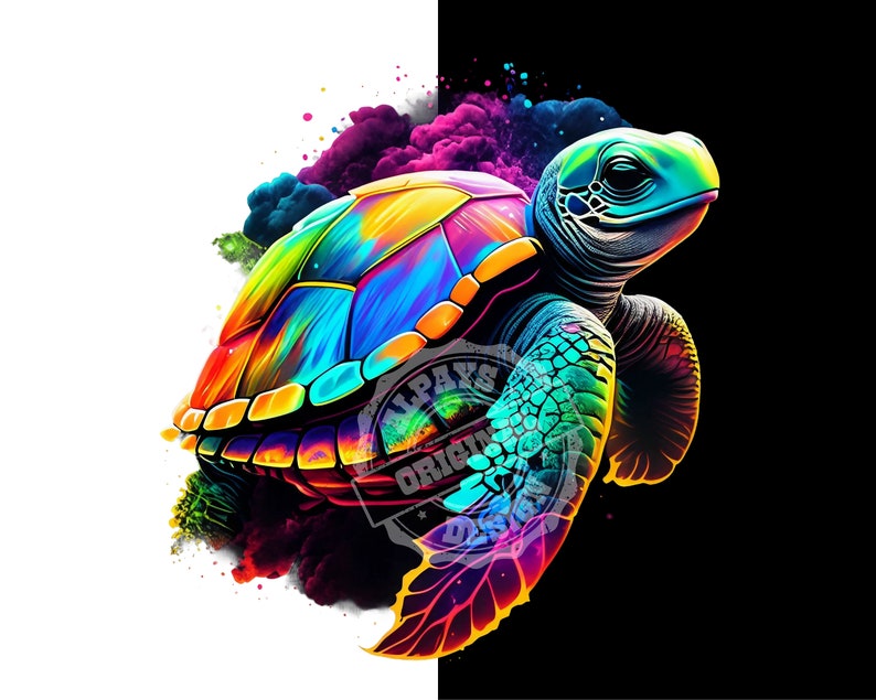 May include: A colorful, rainbow-hued sea turtle with a black background. The turtle is surrounded by a cloud of colorful smoke.