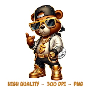 Hiphop png voor sublimatie, coole teddybeer, geldteddybeer, shirtontwerp, teddybeer png, contant geld png, dtf-ontwerp, digitale download